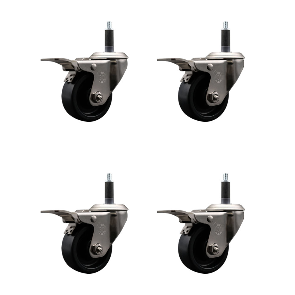 Stainless Steel Polyolefin Swivel Expanding Stem Caster Wheels Set of 4 with 3 Inch Black Wheels and 1" Stems-Includes 4 Swivel with Total Lock Brakes-1200 lbs. Total Capacity-Service Caster Brand — photo 1