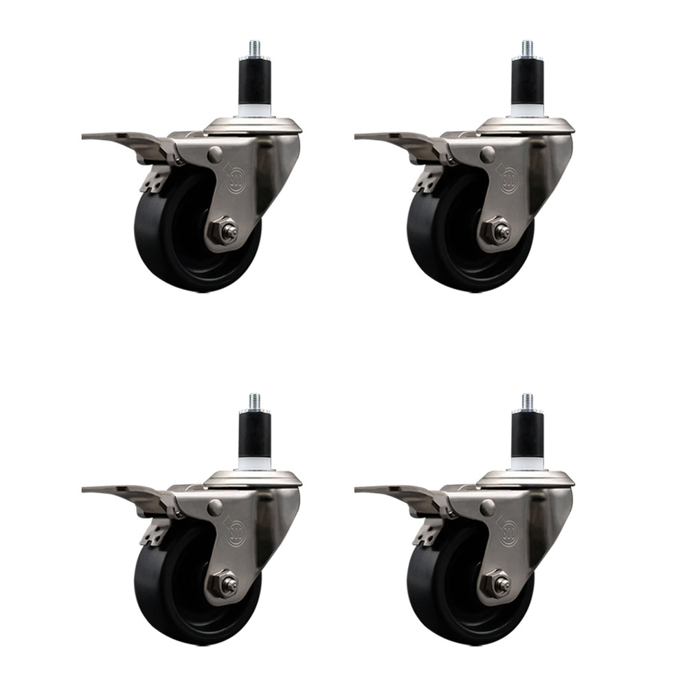 Stainless Steel Polyolefin Swivel Expanding Stem Caster Wheels Set of 4 with 3 Inch Black Wheels and 1-1/2" Stems-Includes 4 Swivel with Total Lock Brakes-1200 lbs. Total Capacity-Service Caster Brand — photo 1