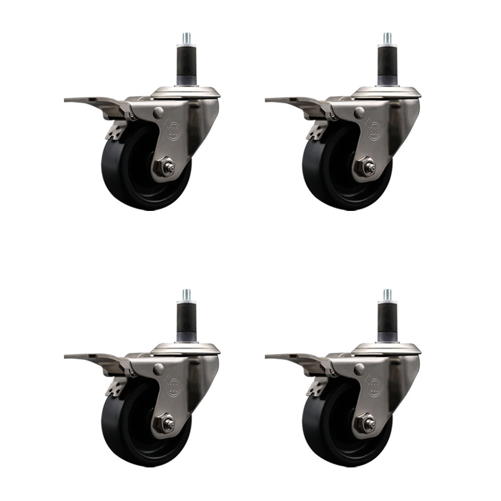 Stainless Steel Polyolefin Swivel Expanding Stem Caster Wheels Set of 4 with 3 Inch Black Wheels and 1-1/4" Stems-Includes 4 Swivel with Total Lock Brakes-1200 lbs. Total Capacity-Service Caster Brand — photo 1