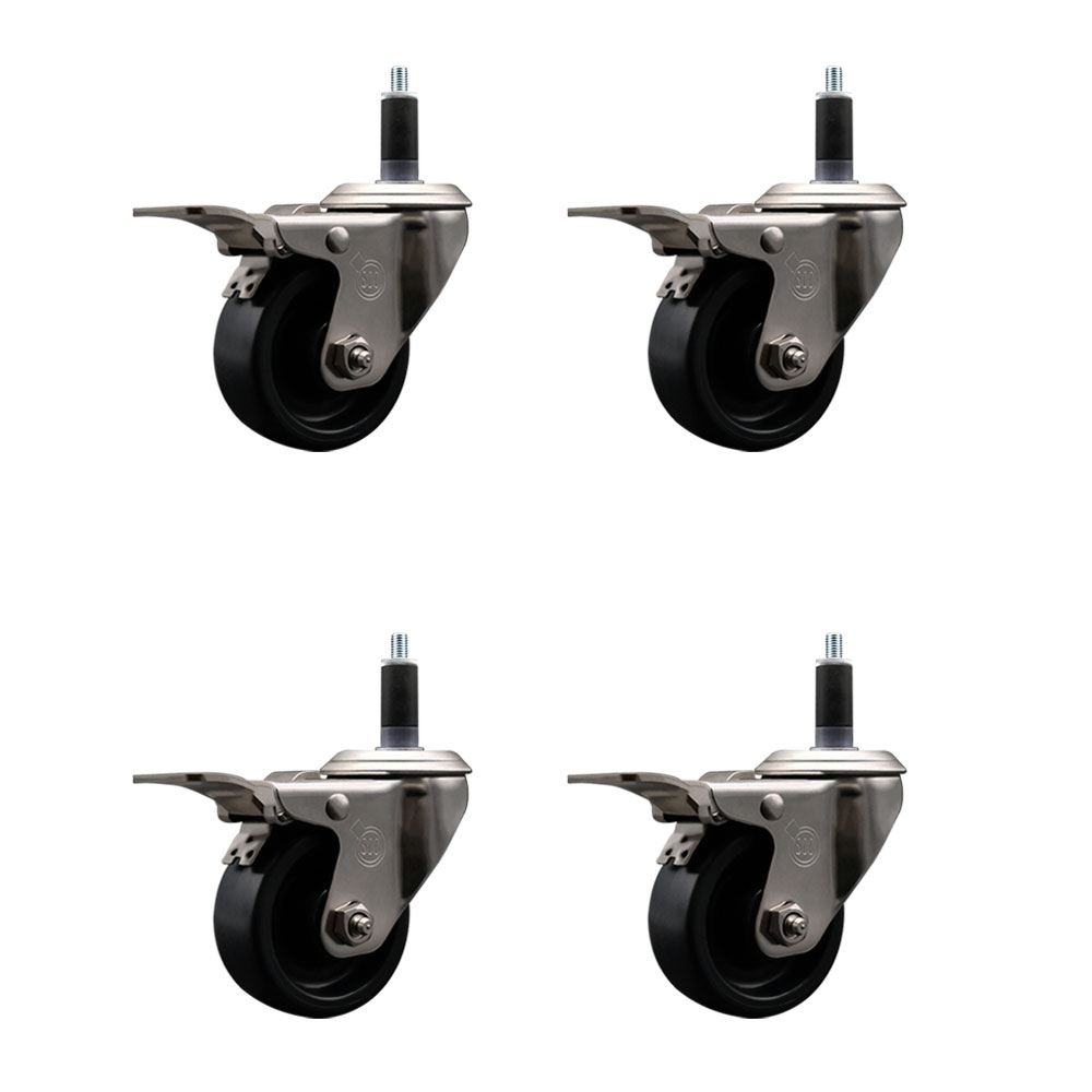 Stainless Steel Polyolefin Swivel Expanding Stem Caster Wheels Set of 4 with 3 Inch Black Wheels and 1-1/8" Stems-Includes 4 Swivel with Total Lock Brakes-1200 lbs. Total Capacity-Service Caster Brand — photo 1
