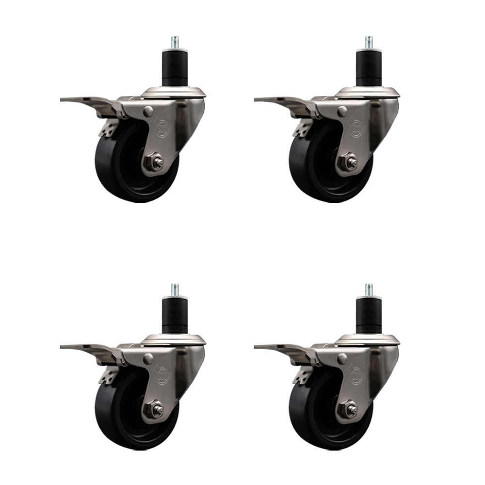 Stainless Steel Polyolefin Swivel Expanding Stem Caster Wheels Set of 4 with 3 Inch Black Wheels and 1-3/4" Stems-Includes 4 Swivel with Total Lock Brakes-1200 lbs. Total Capacity-Service Caster Brand — photo 1