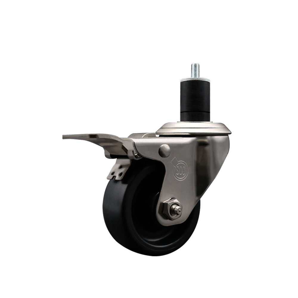 Stainless Steel Polyolefin Expanding Stem Swivel Caster Wheel with 3 Inch Black Wheel and 1-3/4" Stem and Total Lock Brake - 300 lbs. Capacity Per Caster - Service Caster Brand — photo 1