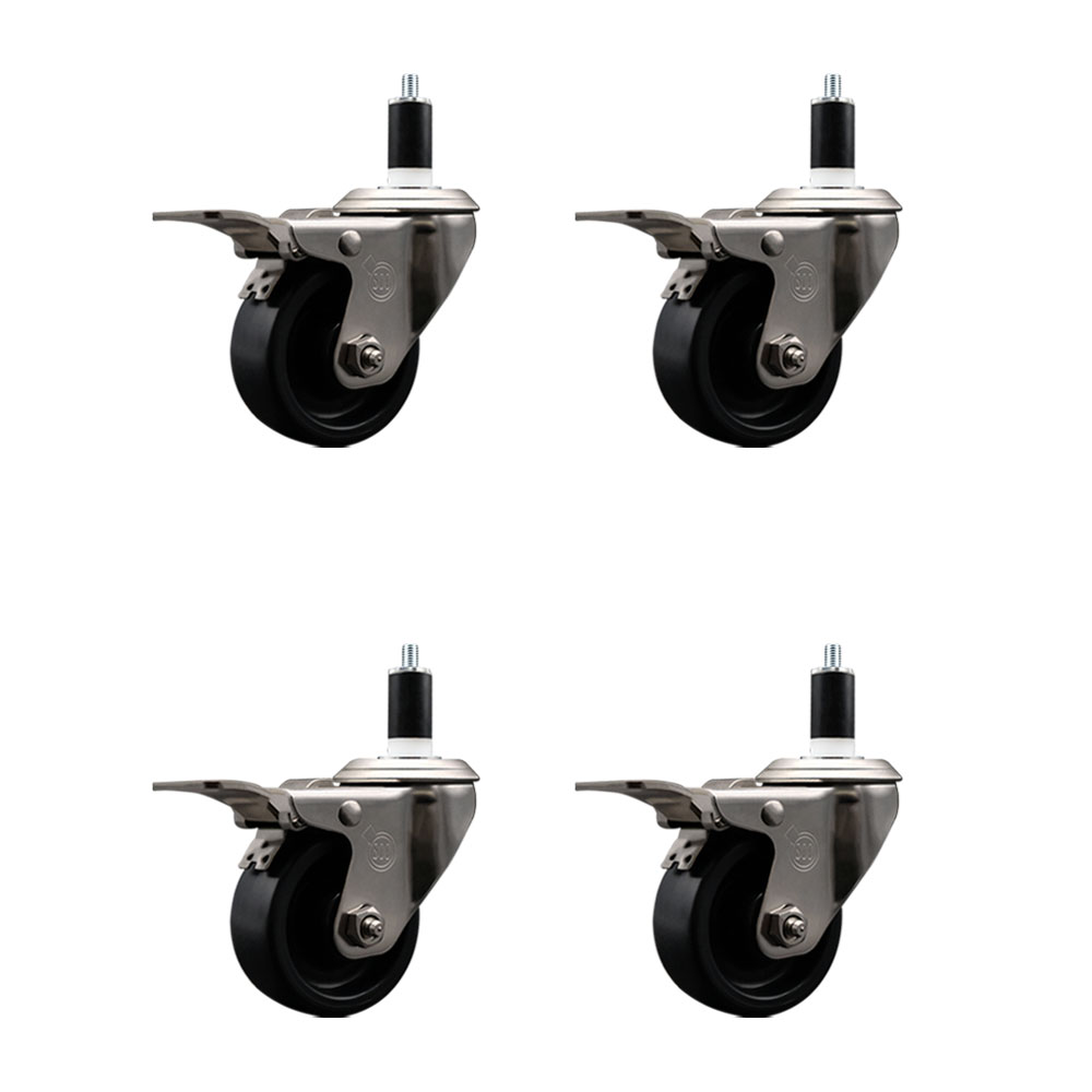 Stainless Steel Polyolefin Swivel Expanding Stem Caster Wheels Set of 4 with 3 Inch Black Wheels and 1-3/8" Stems-Includes 4 Swivel with Total Lock Brakes-1200 lbs. Total Capacity-Service Caster Brand — photo 1