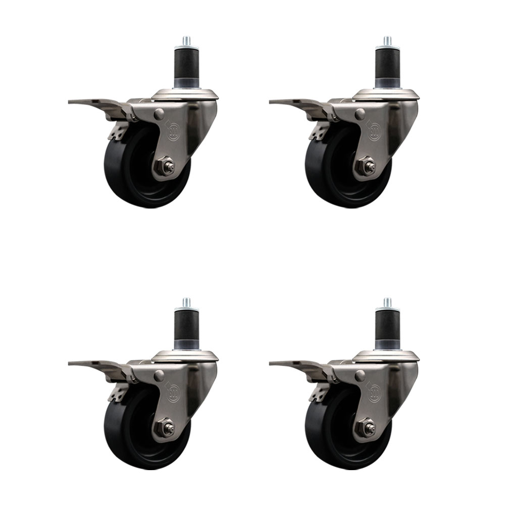 Stainless Steel Polyolefin Swivel Expanding Stem Caster Wheels Set of 4 with 3 Inch Black Wheels and 1-5/8" Stems-Includes 4 Swivel with Total Lock Brakes-1200 lbs. Total Capacity-Service Caster Brand — photo 1