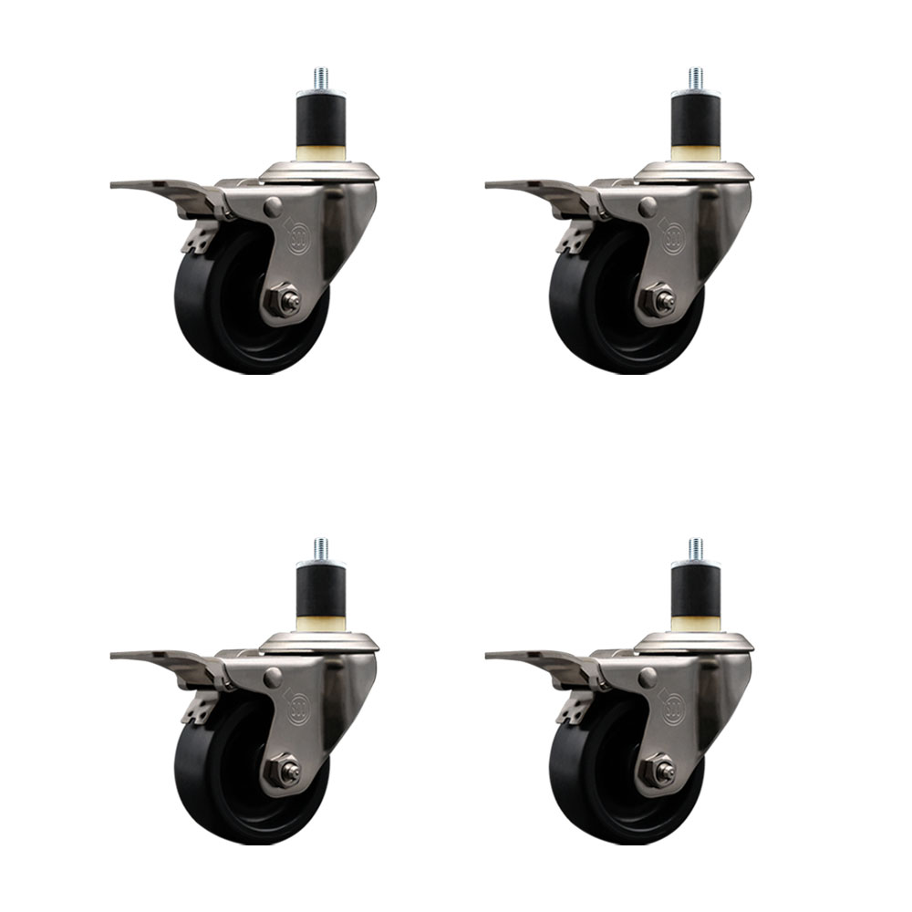 Stainless Steel Polyolefin Swivel Expanding Stem Caster Wheels Set of 4 with 3 Inch Black Wheels and 1-7/8" Stems-Includes 4 Swivel with Total Lock Brakes-1200 lbs. Total Capacity-Service Caster Brand — photo 1