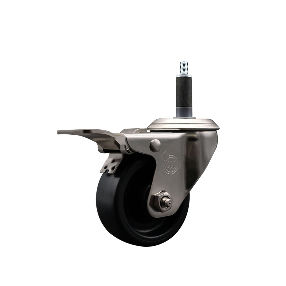 Stainless Steel Polyolefin Expanding Stem Swivel Caster Wheel with 3 Inch Black Wheel and 1" Stem and Total Lock Brake - 300 lbs. Capacity Per Caster - Service Caster Brand — photo 1