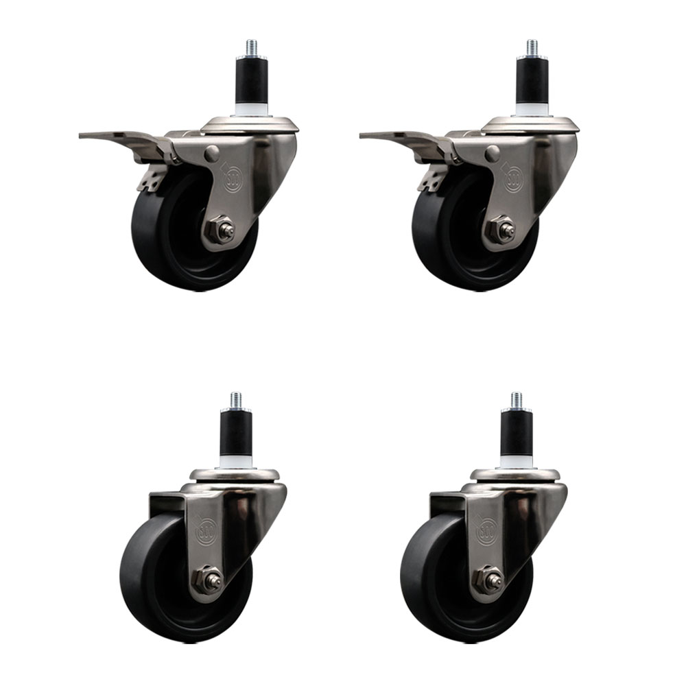 Stainless Steel Polyolefin Swivel Expanding Stem Caster Wheels Set of 4 with 3 Inch Black Wheels and 1-1/2" Stems-Includes 2 Swivel with Total Lock Brakes-1200 lbs. Total Capacity-Service Caster Brand — photo 1