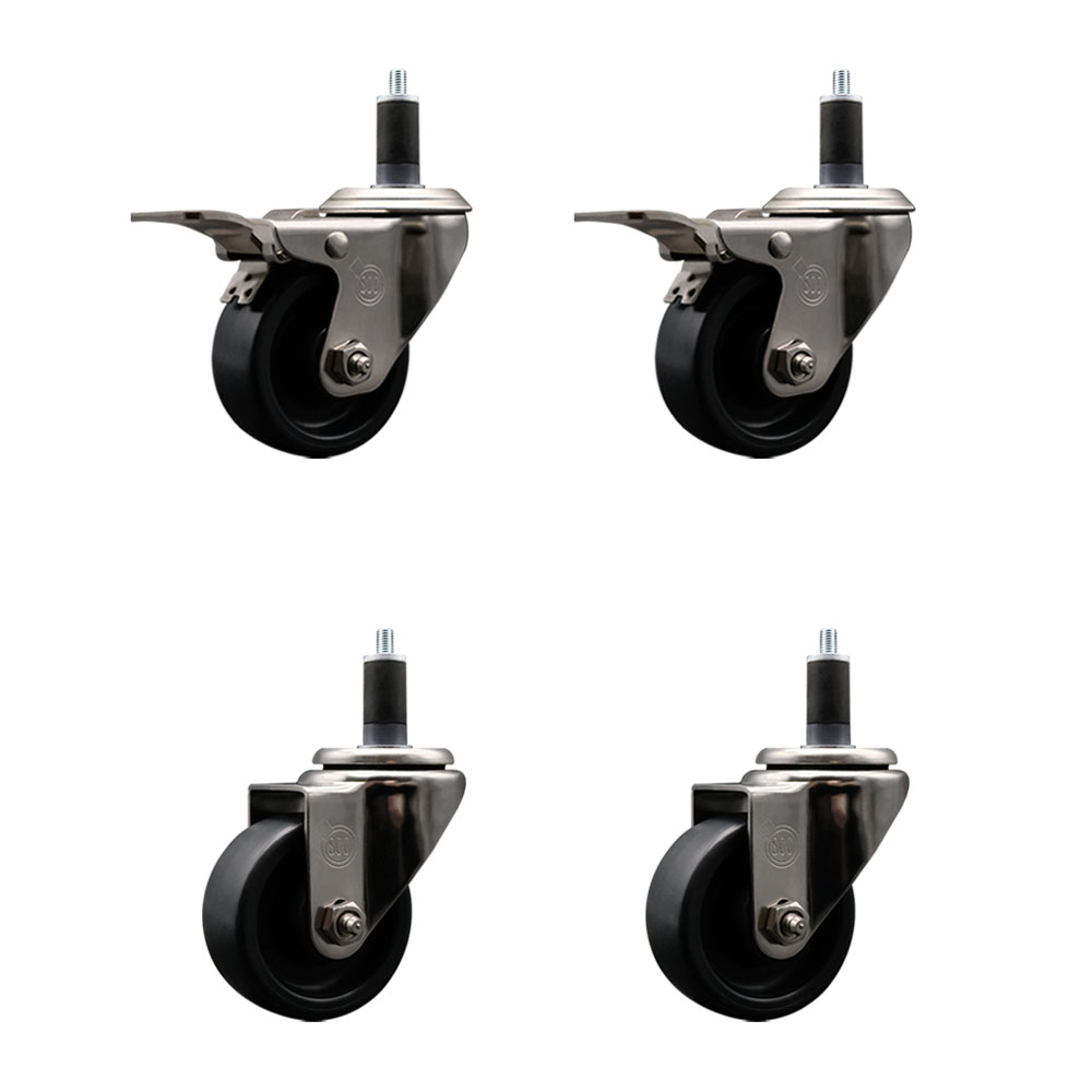 Stainless Steel Polyolefin Swivel Expanding Stem Caster Wheels Set of 4 with 3 Inch Black Wheels and 1-1/4" Stems-Includes 2 Swivel with Total Lock Brakes-1200 lbs. Total Capacity-Service Caster Brand — photo 1
