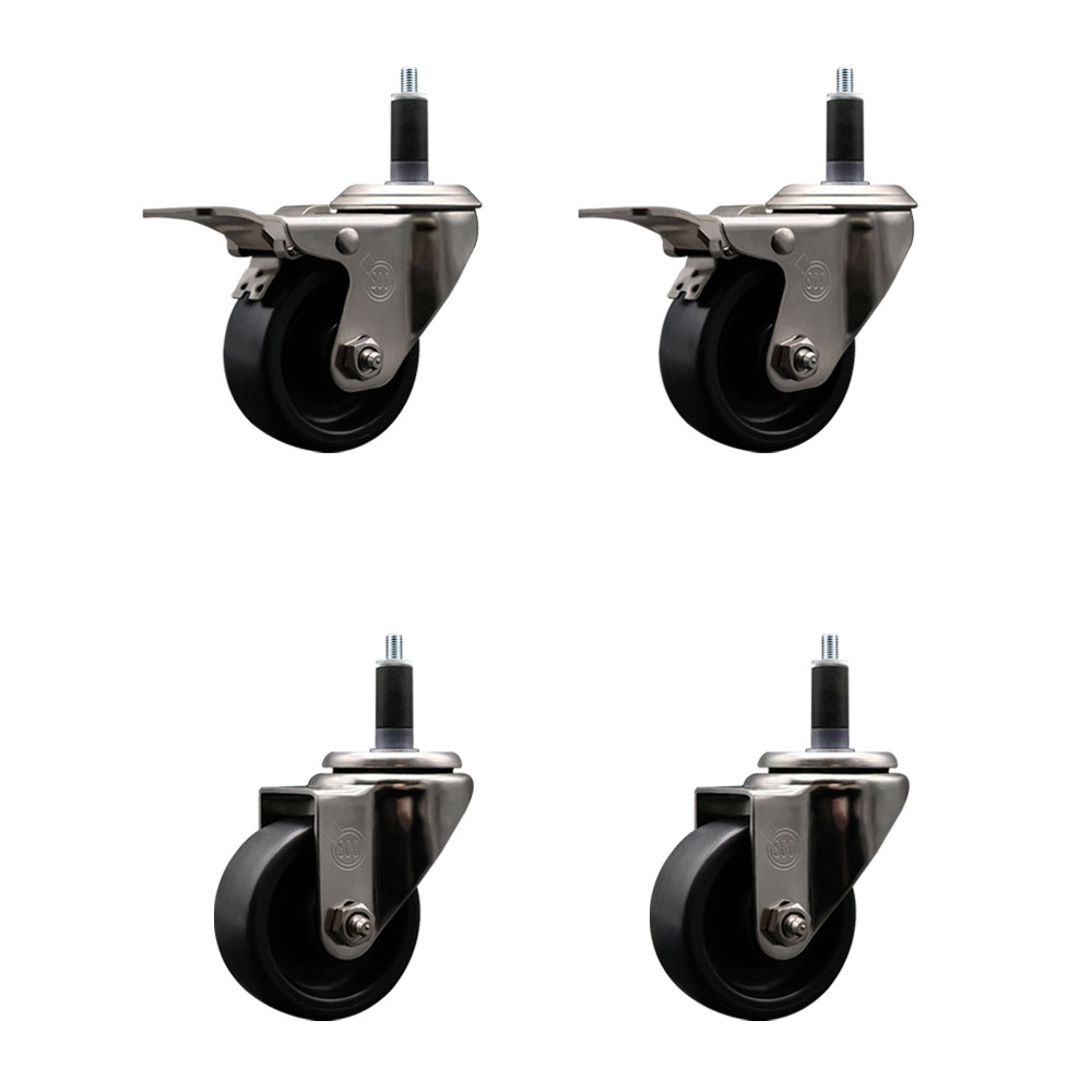 Stainless Steel Polyolefin Swivel Expanding Stem Caster Wheels Set of 4 with 3 Inch Black Wheels and 1-1/8" Stems-Includes 2 Swivel with Total Lock Brakes-1200 lbs. Total Capacity-Service Caster Brand — photo 1