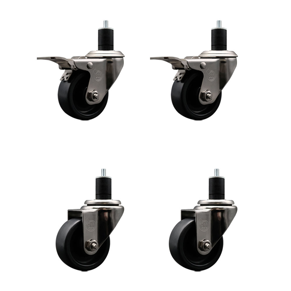 Stainless Steel Polyolefin Swivel Expanding Stem Caster Wheels Set of 4 with 3 Inch Black Wheels and 1-3/4" Stems-Includes 2 Swivel with Total Lock Brakes-1200 lbs. Total Capacity-Service Caster Brand — photo 1