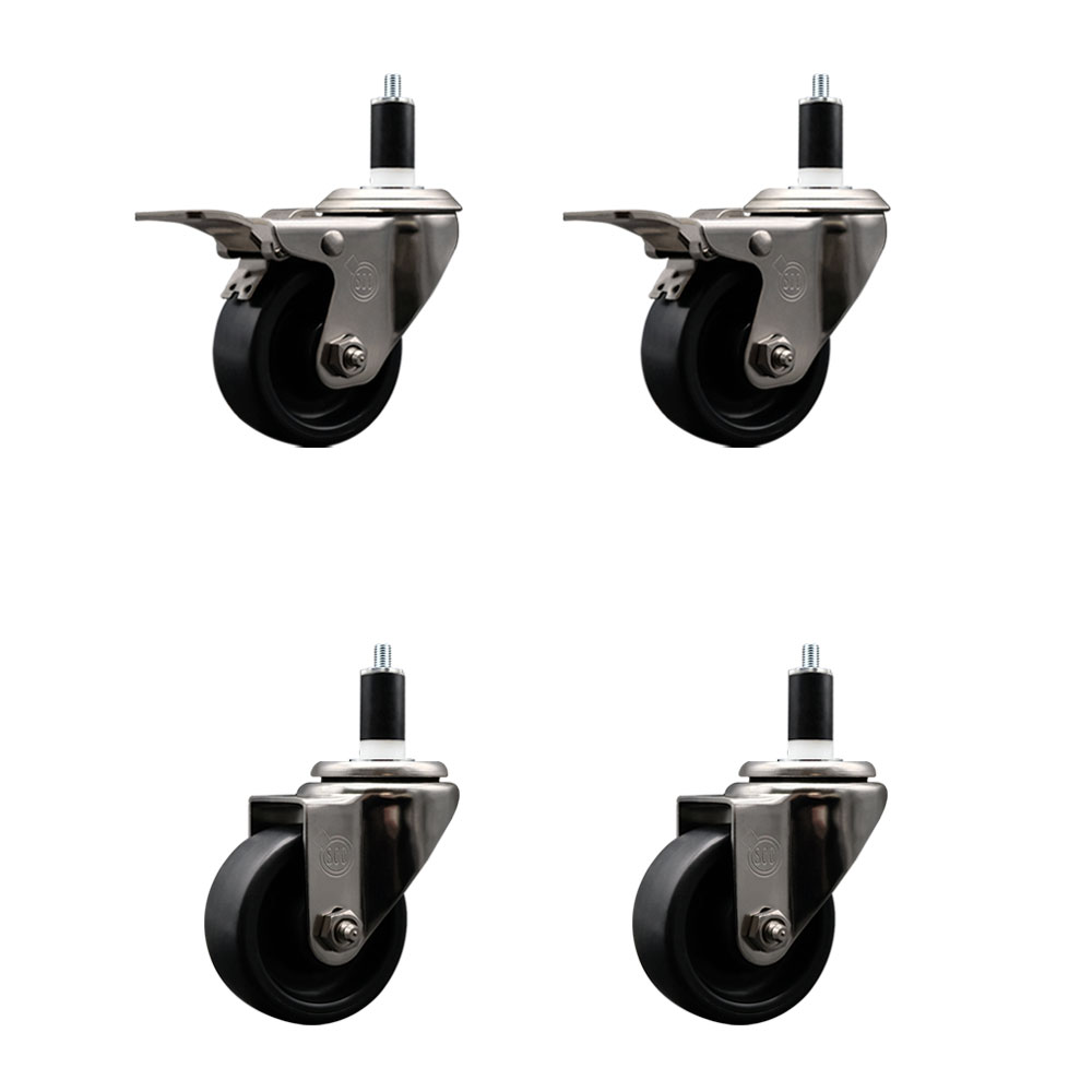 Stainless Steel Polyolefin Swivel Expanding Stem Caster Wheels Set of 4 with 3 Inch Black Wheels and 1-3/8" Stems-Includes 2 Swivel with Total Lock Brakes-1200 lbs. Total Capacity-Service Caster Brand — photo 1