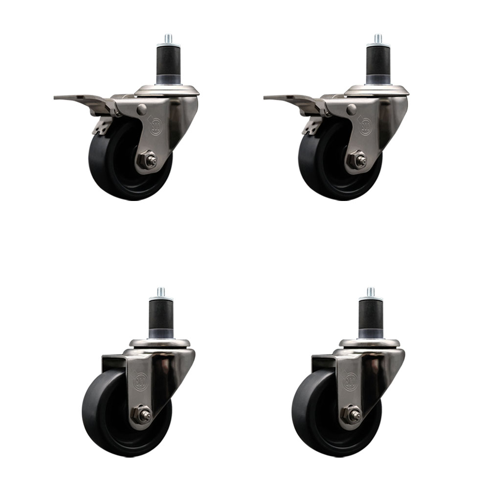 Stainless Steel Polyolefin Swivel Expanding Stem Caster Wheels Set of 4 with 3 Inch Black Wheels and 1-5/8" Stems-Includes 2 Swivel with Total Lock Brakes-1200 lbs. Total Capacity-Service Caster Brand — photo 1