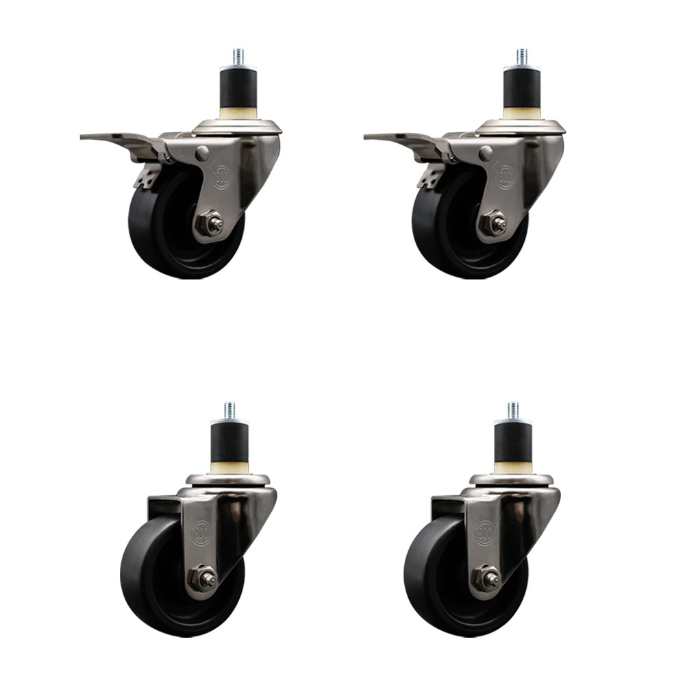 Stainless Steel Polyolefin Swivel Expanding Stem Caster Wheels Set of 4 with 3 Inch Black Wheels and 1-7/8" Stems-Includes 2 Swivel with Total Lock Brakes-1200 lbs. Total Capacity-Service Caster Brand — photo 1