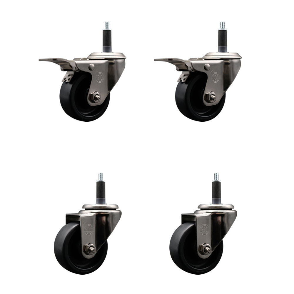 Stainless Steel Polyolefin Swivel Expanding Stem Caster Wheels Set of 4 with 3 Inch Black Wheels and 1" Stems-Includes 2 Swivel with Total Lock Brakes-1200 lbs. Total Capacity-Service Caster Brand — photo 1