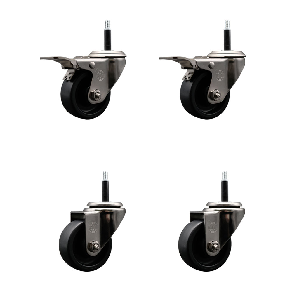Stainless Steel Polyolefin Swivel Expanding Stem Caster Wheels Set of 4 with 3 Inch Black Wheels and 3/4" Stems-Includes 2 Swivel with Total Lock Brakes-1200 lbs. Total Capacity-Service Caster Brand — photo 1