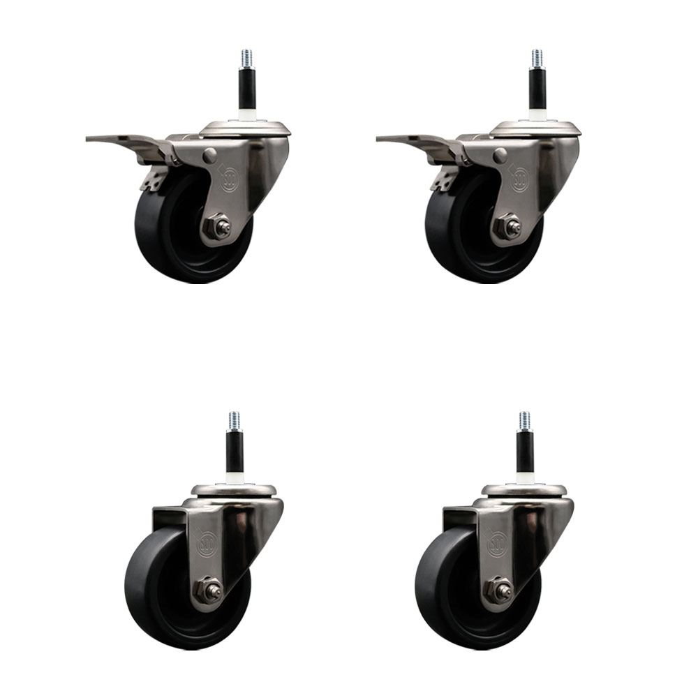Stainless Steel Polyolefin Swivel Expanding Stem Caster Wheels Set of 4 with 3 Inch Black Wheels and 7/8" Stems-Includes 2 Swivel with Total Lock Brakes-1200 lbs. Total Capacity-Service Caster Brand — photo 1