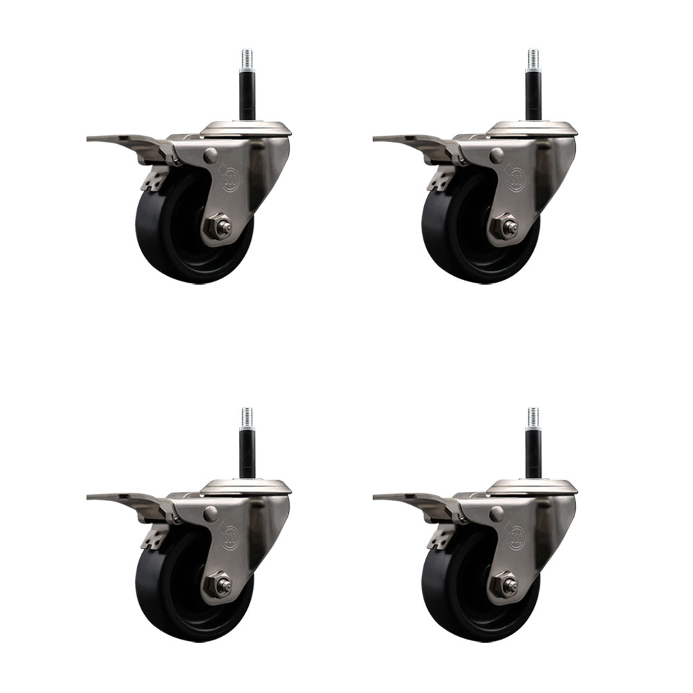 Stainless Steel Polyolefin Swivel Expanding Stem Caster Wheels Set of 4 with 3 Inch Black Wheels and 3/4" Stems-Includes 4 Swivel with Total Lock Brakes-1200 lbs. Total Capacity-Service Caster Brand — photo 1