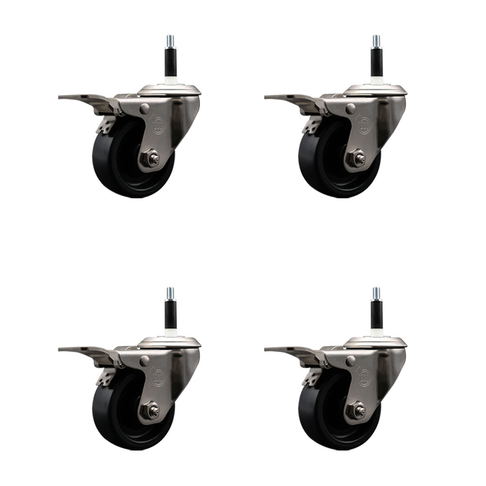Stainless Steel Polyolefin Swivel Expanding Stem Caster Wheels Set of 4 with 3 Inch Black Wheels and 7/8" Stems-Includes 4 Swivel with Total Lock Brakes-1200 lbs. Total Capacity-Service Caster Brand — photo 1