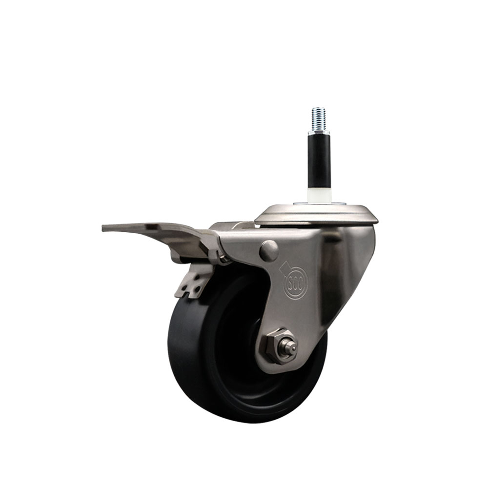Stainless Steel Polyolefin Expanding Stem Swivel Caster Wheel with 3 Inch Black Wheel and 7/8" Stem and Total Lock Brake - 300 lbs. Capacity Per Caster - Service Caster Brand — photo 1