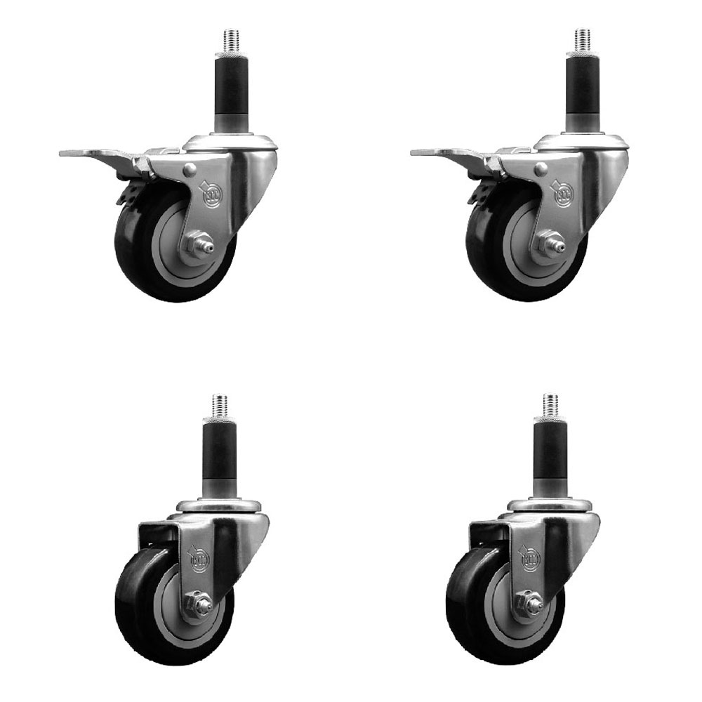 Stainless Steel Polyurethane Swivel Expanding Stem Caster Set of 4 with 3 Inch Black Wheels and 1-1/8" Stems - Includes 2 with Total Locking Brakes - 1200 lbs Total Capacity - Service Caster Brand — photo 1