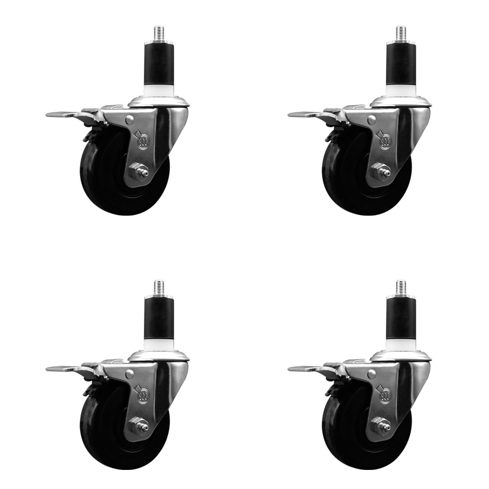 Stainless Steel Phenolic Swivel Expanding Stem Caster Set of 4 with 3-1/2 Inch Black Wheels and 1-1/2" Stems - 4 Swivel with Total Locking Brakes - 300 lbs. Capacity Per Caster - Service Caster Brand — photo 1