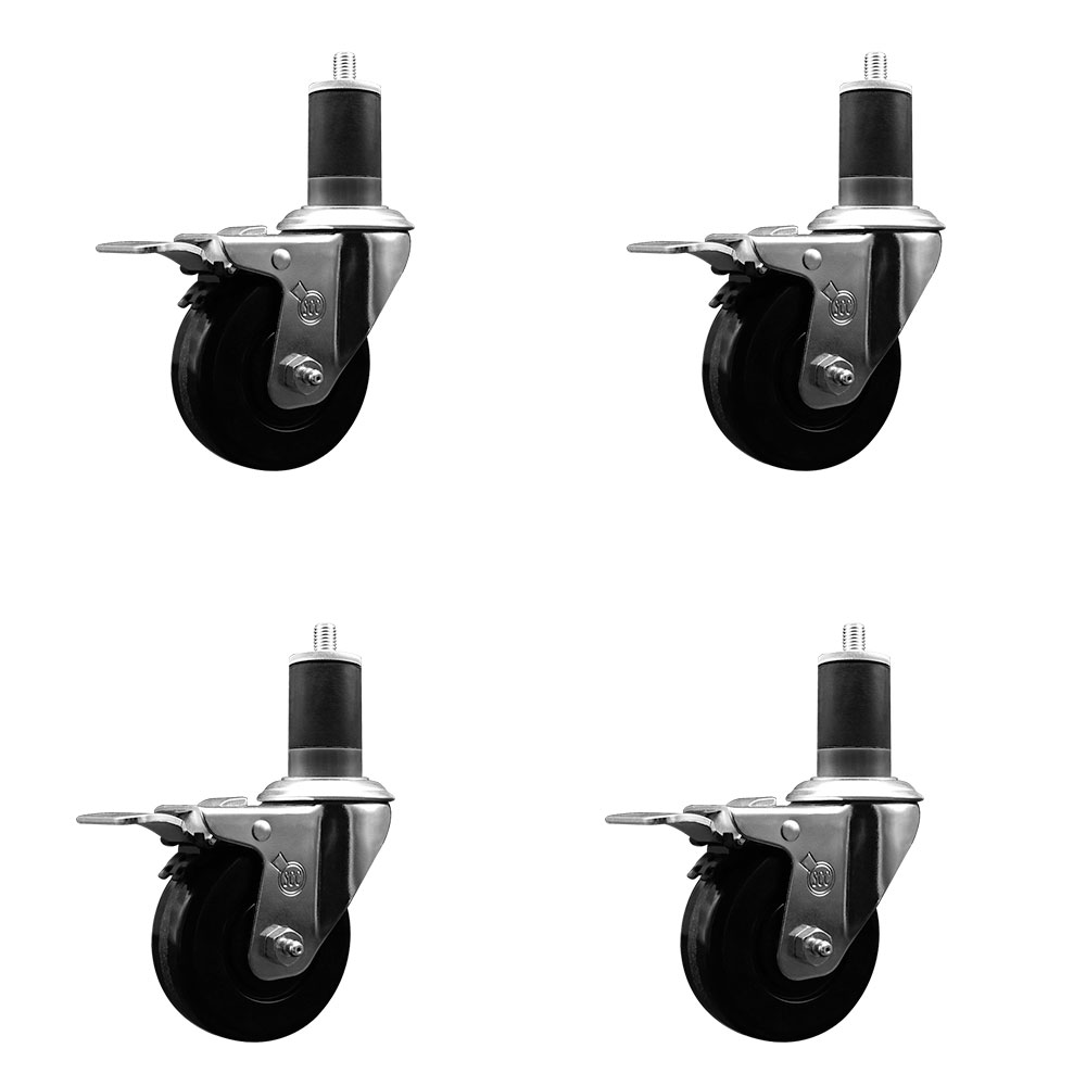 Stainless Steel Phenolic Swivel Expanding Stem Caster Set of 4 with 3-1/2 Inch Black Wheels and 1-5/8" Stems - 4 Swivel with Total Locking Brakes - 300 lbs. Capacity Per Caster - Service Caster Brand — photo 1