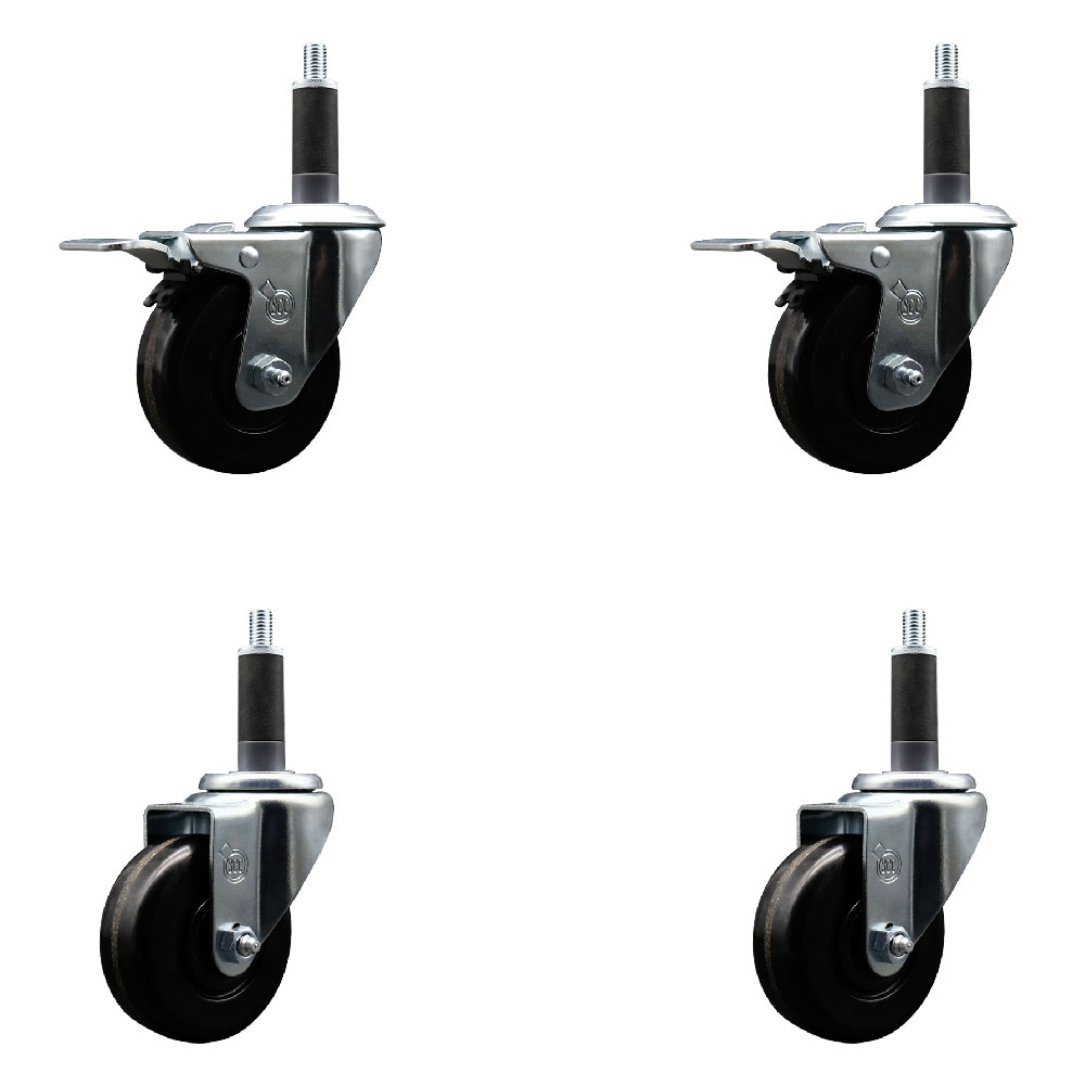 Stainless Steel Phenolic Swivel Expanding Stem Caster Set of 4 with 3-1/2 Inch Black Wheels and 1" Stems - Includes 2 with Total Locking Brakes - 1200 lbs Total Capacity - Service Caster Brand — photo 1