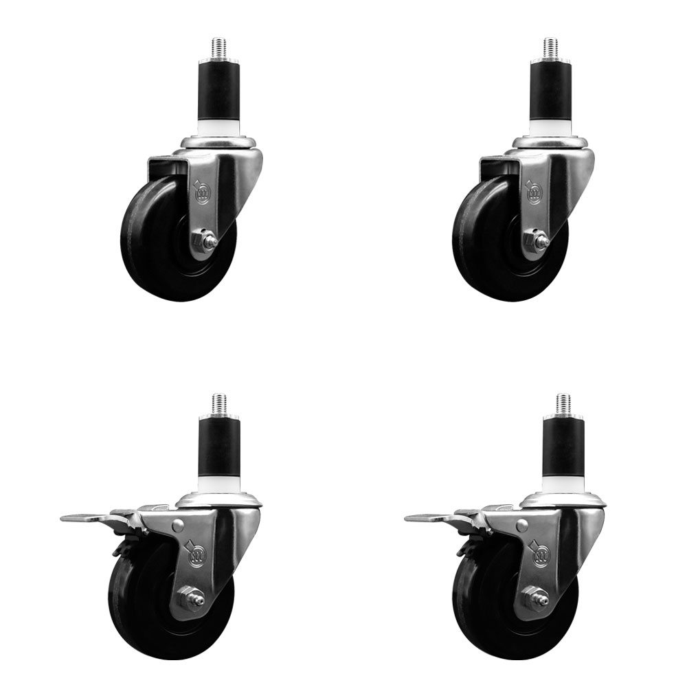 Stainless Steel Phenolic Swivel Expanding Stem Caster Set of 4 with 3-1/2 Inch Black Wheels and 1-1/2" Stems - Includes 2 with Total Locking Brakes - 1200 lbs Total Capacity - Service Caster Brand — photo 1