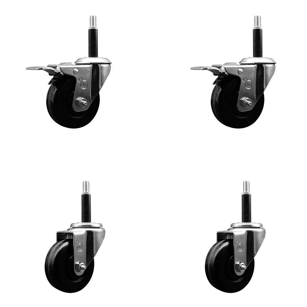Stainless Steel Phenolic Swivel Expanding Stem Caster Set of 4 with 3-1/2 Inch Black Wheels and 3/4" Stems - Includes 2 with Total Locking Brakes - 1200 lbs Total Capacity - Service Caster Brand — photo 1