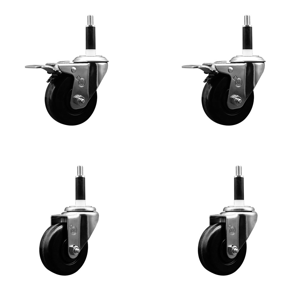 Stainless Steel Phenolic Swivel Expanding Stem Caster Set of 4 with 3-1/2 Inch Black Wheels and 7/8" Stems - Includes 2 with Total Locking Brakes - 1200 lbs Total Capacity - Service Caster Brand — photo 1