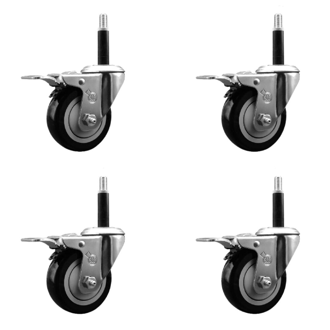 Stainless Steel Polyurethane Swivel Expanding Stem Caster Set of 4 with 3.5 Inch Black Wheels and 3/4" Stems - 4 Swivel with Total Locking Brakes - 300 lbs. Capacity Per Caster - Service Caster Brand — photo 1