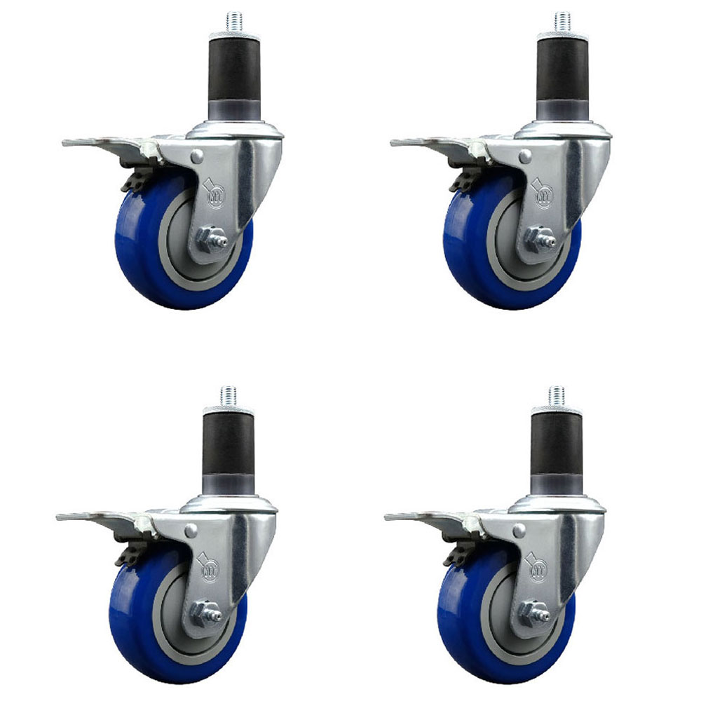 Polyurethane Swivel Expanding Stem Caster Set of 4 with 3.5 Inch Blue Wheels and 1-5/8" Stems - Includes 4 Swivel with Total Locking Brakes - 300 lbs. Capacity Per Caster - Service Caster Brand — photo 1