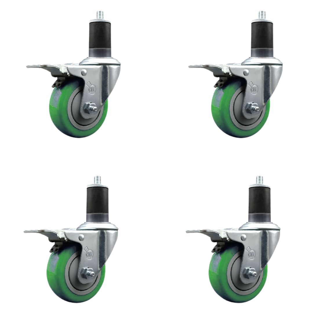Stainless Steel Polyurethane Swivel Expanding Stem Caster Set of 4 with 3.5 Inch Green Wheel and 1-5/8" Stems-Include 4 Swivel with Total Locking Brake-300lbs. Capacity Per Caster-Service Caster Brand — photo 1