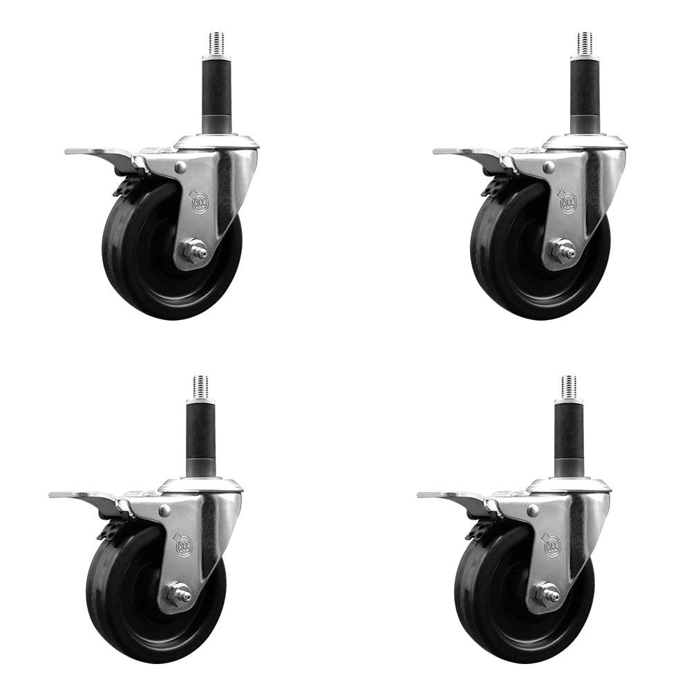 Stainless Steel Phenolic Swivel Expanding Stem Caster Set of 4 with 4 Inch Black Wheels and 1" Stems - Includes 4 Swivel with Total Locking Brakes - 300 lbs. Capacity Per Caster - Service Caster Brand — photo 1