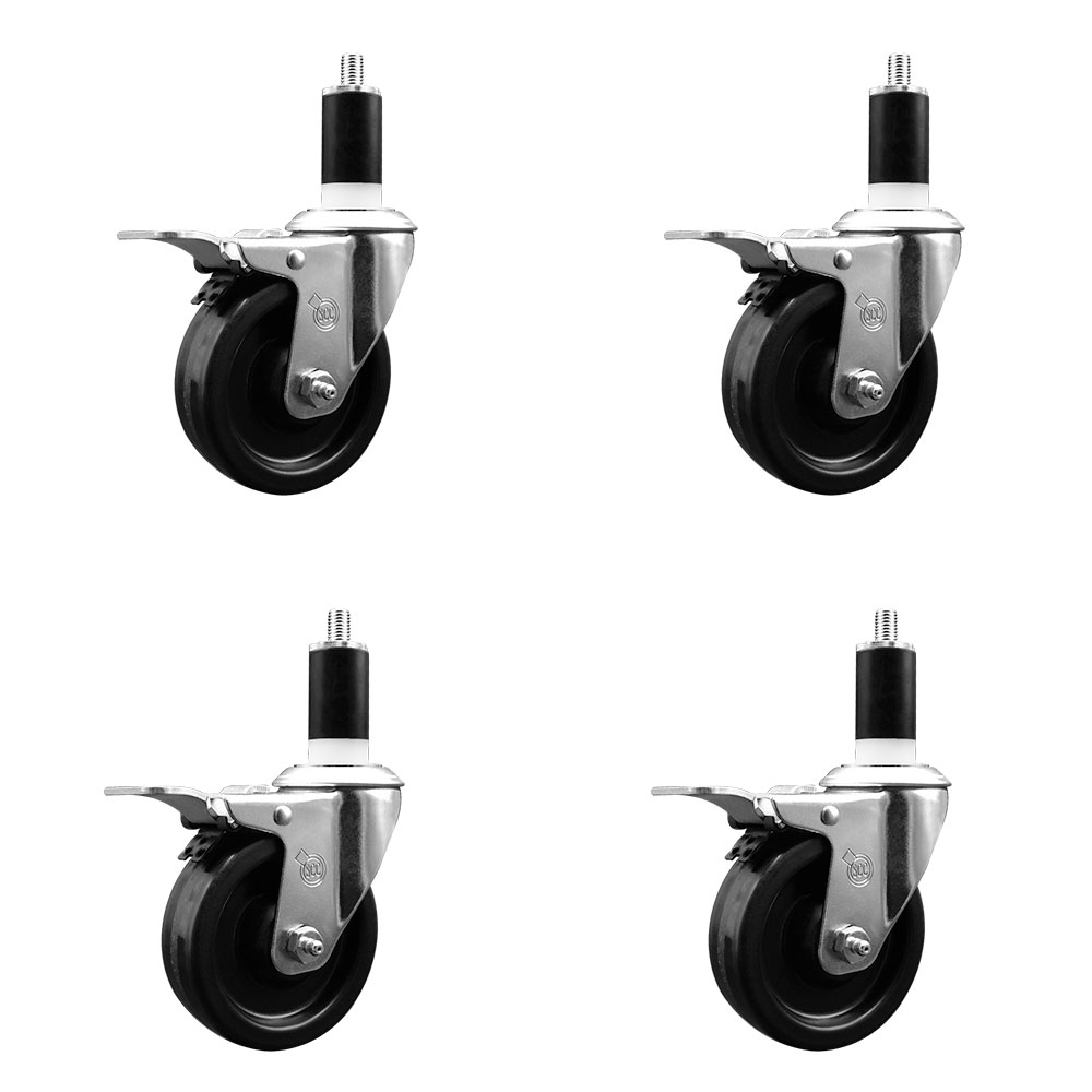 Stainless Steel Phenolic Swivel Expanding Stem Caster Set of 4 with 4 Inch Black Wheels and 1-3/8" Stems-Includes 4 Swivel with Total Locking Brakes-300 lbs. Capacity Per Caster-Service Caster Brand — photo 1