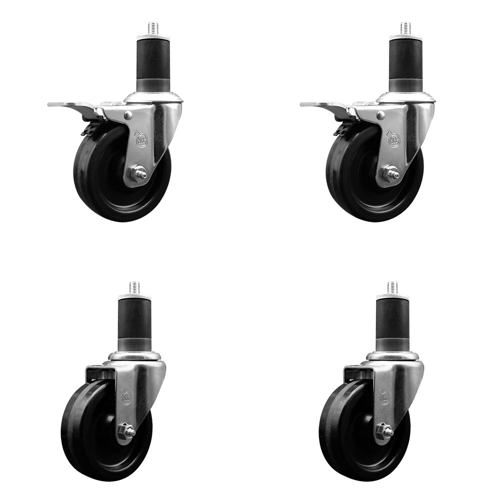 Stainless Steel Phenolic Swivel Expanding Stem Caster Set of 4 with 4 Inch Black Wheels and 1-5/8" Stems - Includes 2 with Total Locking Brakes - 1200 lbs Total Capacity - Service Caster Brand — photo 1