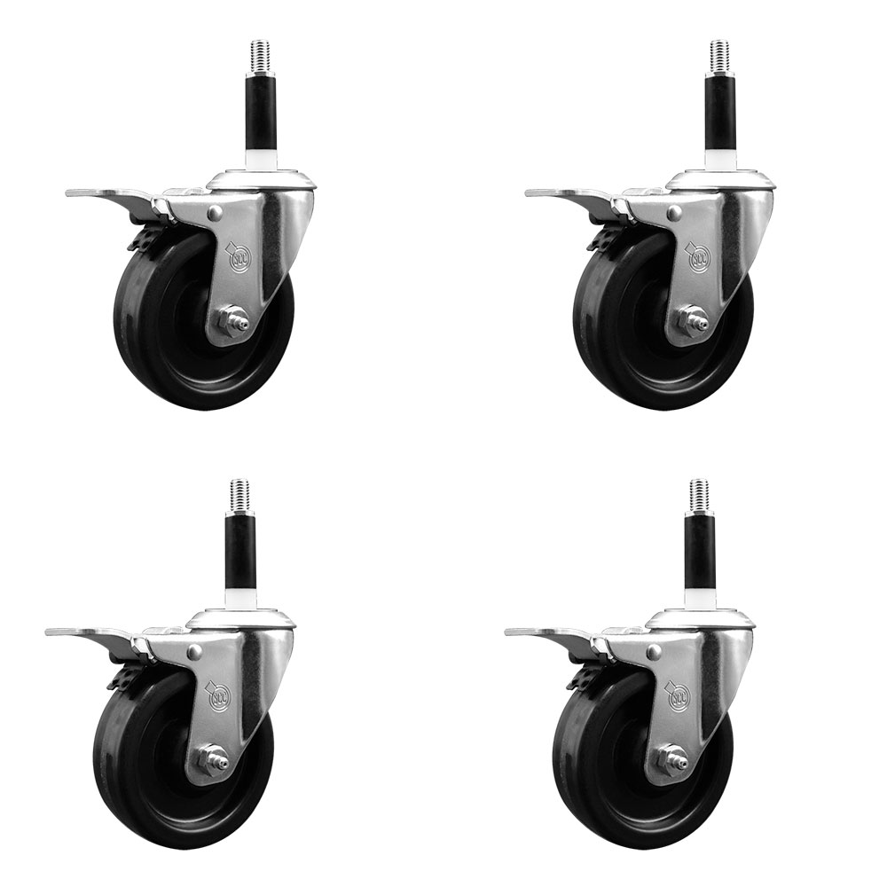 Stainless Steel Phenolic Swivel Expanding Stem Caster Set of 4 with 4 Inch Black Wheels and 7/8" Stems - 4 Swivel with Total Locking Brakes - 300 lbs. Capacity Per Caster - Service Caster Brand — photo 1