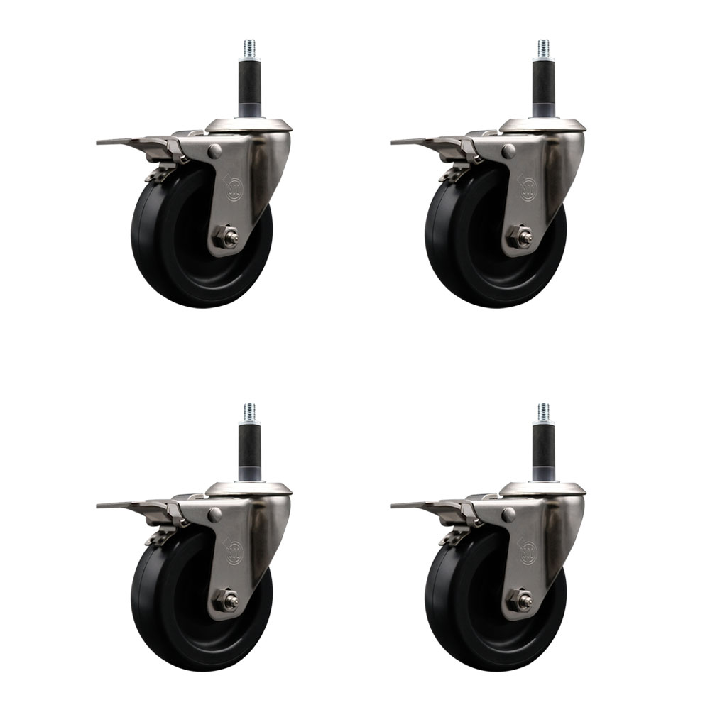 Stainless Steel Polyolefin Swivel Expanding Stem Caster Wheels Set of 4 with 4 Inch Black Wheels and 1" Stems-Includes 4 Swivel with Total Lock Brakes-1400 lbs. Total Capacity-Service Caster Brand — photo 1