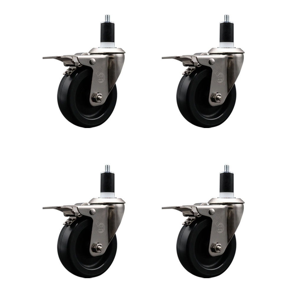 Stainless Steel Polyolefin Swivel Expanding Stem Caster Wheels Set of 4 with 4 Inch Black Wheels and 1-1/2" Stems-Includes 4 Swivel with Total Lock Brakes-1400 lbs. Total Capacity-Service Caster Brand — photo 1