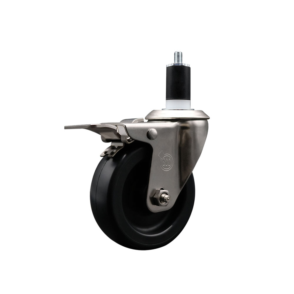 Stainless Steel Polyolefin Expanding Stem Swivel Caster Wheel with 4 Inch Black Wheel and 1-1/2" Stem and Total Lock Brake - 350 lbs. Capacity Per Caster - Service Caster Brand — photo 1