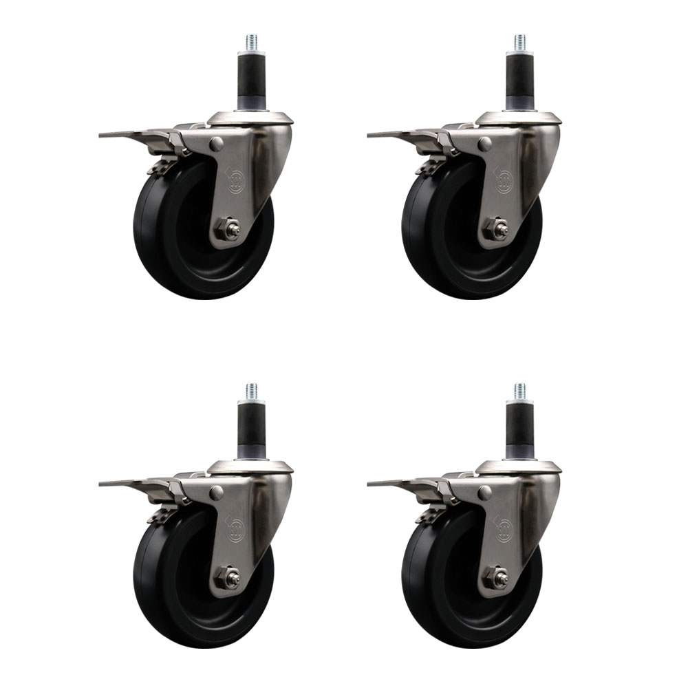 Stainless Steel Polyolefin Swivel Expanding Stem Caster Wheels Set of 4 with 4 Inch Black Wheels and 1-1/4" Stems-Includes 4 Swivel with Total Lock Brakes-1400 lbs. Total Capacity-Service Caster Brand — photo 1