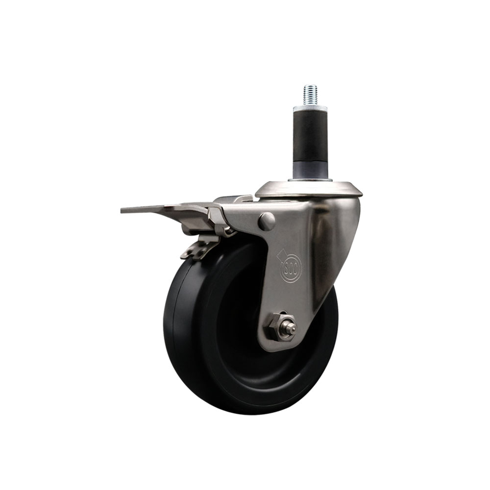 Stainless Steel Polyolefin Expanding Stem Swivel Caster Wheel with 4 Inch Black Wheel and 1-1/4" Stem and Total Lock Brake - 350 lbs. Capacity Per Caster - Service Caster Brand — photo 1