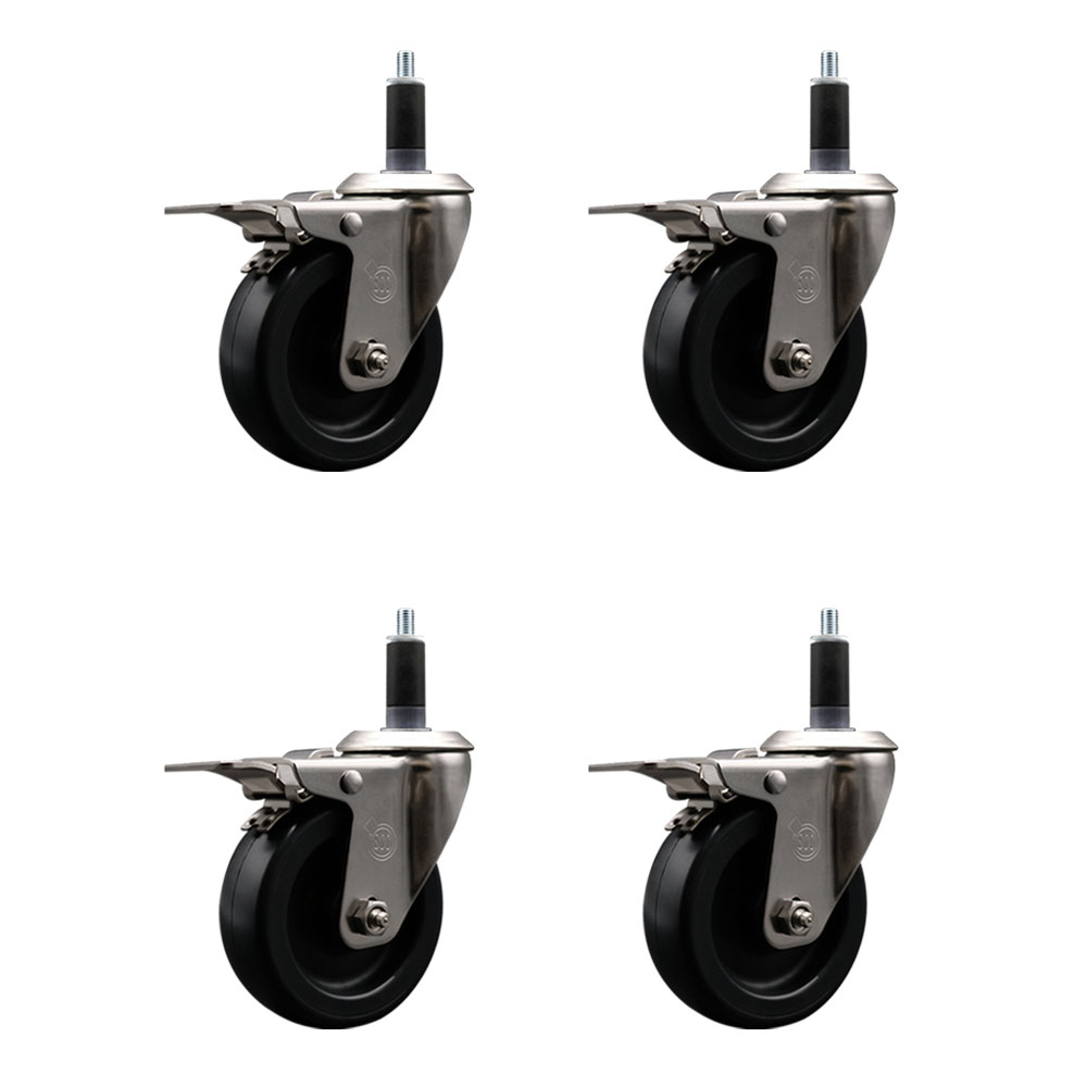 Stainless Steel Polyolefin Swivel Expanding Stem Caster Wheels Set of 4 with 4 Inch Black Wheels and 1-1/8" Stems-Includes 4 Swivel with Total Lock Brakes-1400 lbs. Total Capacity-Service Caster Brand — photo 1