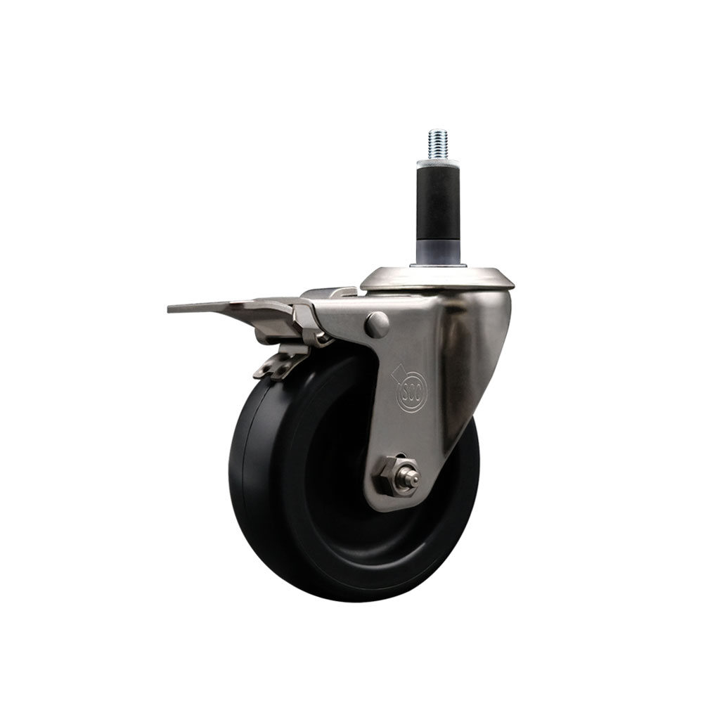 Stainless Steel Polyolefin Expanding Stem Swivel Caster Wheel with 4 Inch Black Wheel and 1-1/8" Stem and Total Lock Brake - 350 lbs. Capacity Per Caster - Service Caster Brand — photo 1