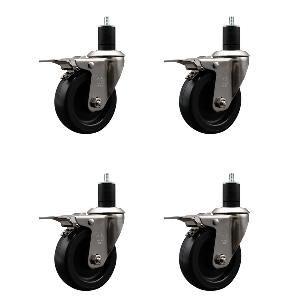Stainless Steel Polyolefin Swivel Expanding Stem Caster Wheels Set of 4 with 4 Inch Black Wheels and 1-3/4" Stems-Includes 4 Swivel with Total Lock Brakes-1400 lbs. Total Capacity-Service Caster Brand — photo 1