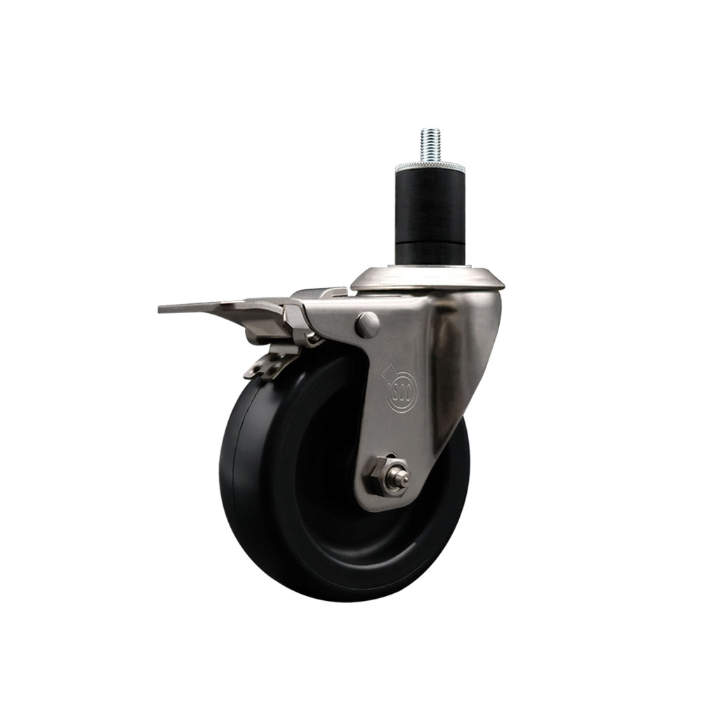 Stainless Steel Polyolefin Expanding Stem Swivel Caster Wheel with 4 Inch Black Wheel and 1-3/4" Stem and Total Lock Brake - 350 lbs. Capacity Per Caster - Service Caster Brand — photo 1