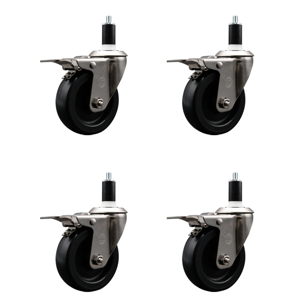Stainless Steel Polyolefin Swivel Expanding Stem Caster Wheels Set of 4 with 4 Inch Black Wheels and 1-3/8" Stems-Includes 4 Swivel with Total Lock Brakes-1400 lbs. Total Capacity-Service Caster Brand — photo 1