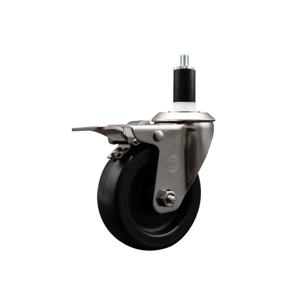 Stainless Steel Polyolefin Expanding Stem Swivel Caster Wheel with 4 Inch Black Wheel and 1-3/8" Stem and Total Lock Brake - 350 lbs. Capacity Per Caster - Service Caster Brand — photo 1