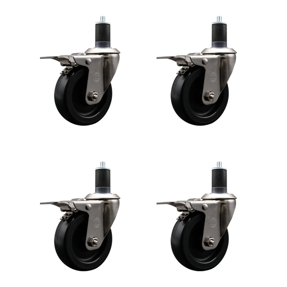 Stainless Steel Polyolefin Swivel Expanding Stem Caster Wheels Set of 4 with 4 Inch Black Wheels and 1-5/8" Stems-Includes 4 Swivel with Total Lock Brakes-1400 lbs. Total Capacity-Service Caster Brand — photo 1