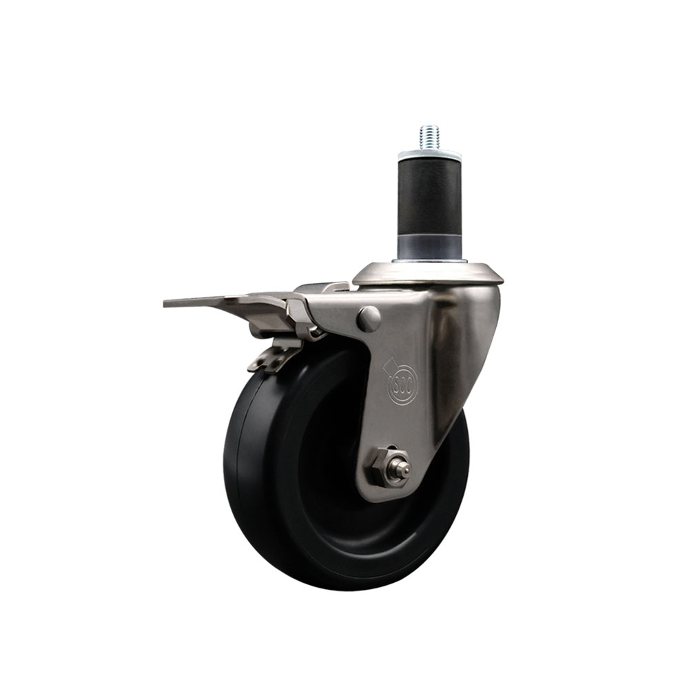 Stainless Steel Polyolefin Expanding Stem Swivel Caster Wheel with 4 Inch Black Wheel and 1-5/8" Stem and Total Lock Brake - 350 lbs. Capacity Per Caster - Service Caster Brand — photo 1